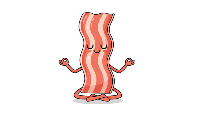 Cute cartoon bacon strip character sitting in a cross legged meditation pose for a humorous take on healthy living and mindfulness.