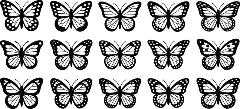 Set of black butterfly silhouettes vector icons collection for elegant nature decoration laser cutting engraving vinyl decals and stickers