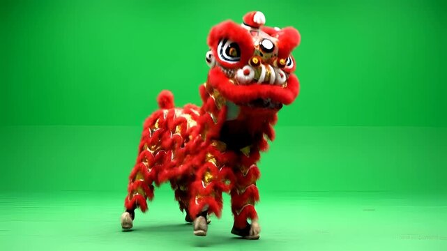 Traditional Chinese Lion Dance Costume on Green Screen Background.
