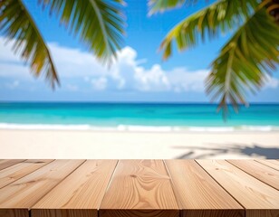 Fototapeta premium Wooden table foreground with a beach scene in the background