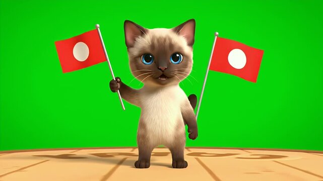 Charming Siamese Kitten Character Holding Two Red Flags with White Circles Jubilantly Waving on a Wooden Platform Against a