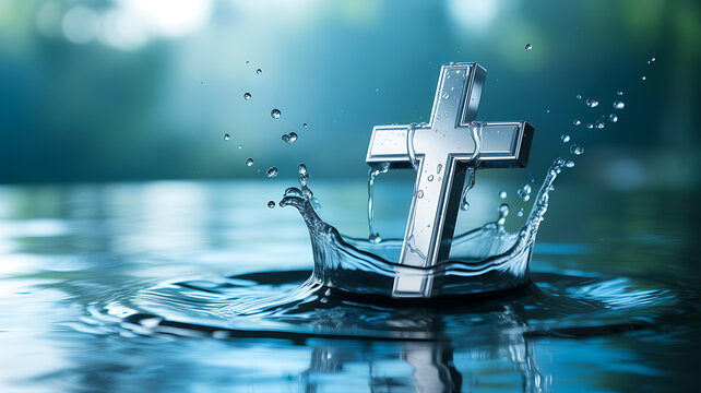 Christian cross splashing in water symbol of faith purity baptism and spiritual cleansing