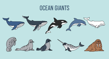 Illustration of ten marine mammals titled OCEAN GIANTS on a light blue background © Fauzan Adzima