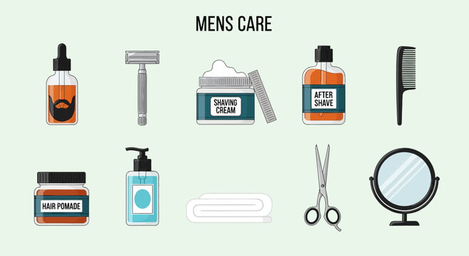 Flat icon set illustrating various mens grooming and hair care products