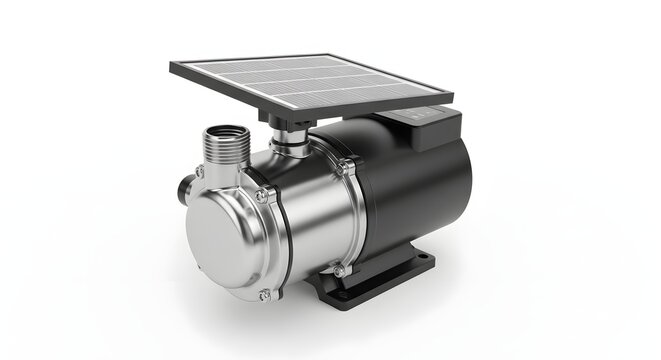 Modern automatic water pump with solar panel integrated on metal body.