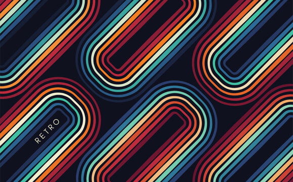 A background of oval repeating shapes composed of multiple multicolored lines. Retro style. Geometric pattern. Vector format for a brochure, poster, cover, postcard, flyer, banner, or presentation.