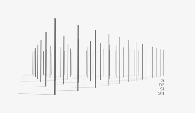 A multitude of ordered vertical lines in the spatial perspective. Shadows create depth and volume. Rhythmic movement. Abstract columns. Geometric architectural style. Minimalistic design. Copy space.