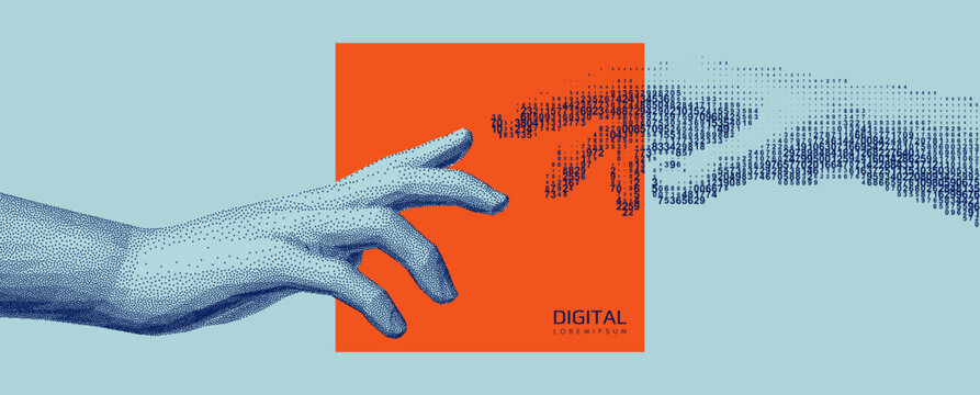 The index fingers of both hands reach toward each other. The concept of relationships, unity, partnership, or contact. Cascading digital code matrix. Artificial intelligence and cognition. Contact.