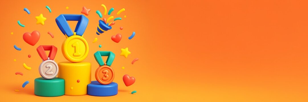 Colorful medals and podiums for first, second, and third place with vibrant confetti on orange background with copyspace for sport celebration concept. Ai generative