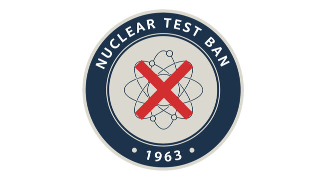 Nuclear Test Ban 1963 commemorative emblem with atom symbol.