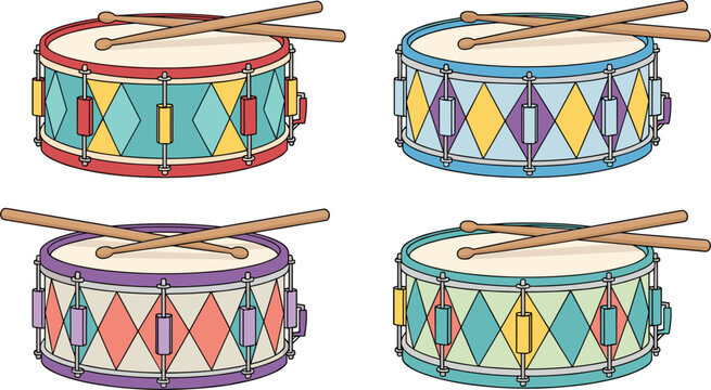 Colorful marching band drums with wooden drumsticks in a playful illustration