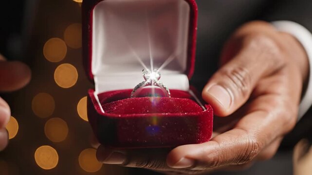 Hands opening velvet box showing sparkling diamond engagement ring for romantic marriage proposal and wedding commitment.