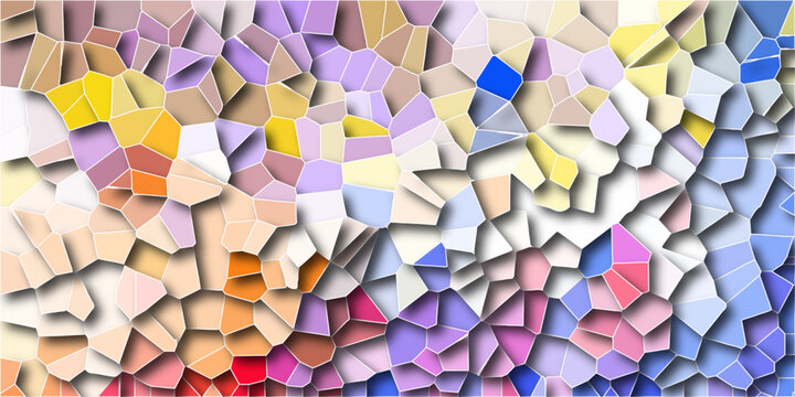 Quartz light multicolor Broken Stained Glass Background white stoke with shadows. Abstract colorful mosaic pattern Seamless Geometric Retro tiles .Cement kitchen decor with crack floor light design.	