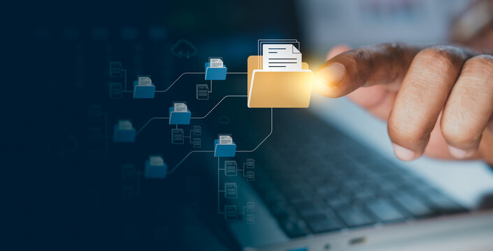 Digital document management system with file organization workflow, business data structure, cloud storage integration, and information technology concept, modern enterprise efficiency and automation