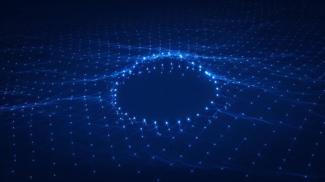 Futuristic blue digital plexus wave with central circular void, glowing data particles forming a high-tech network grid, abstract cyber technology background