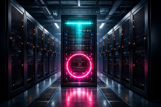 Futuristic Data Center Server Rack with High Performance Computing and Digital Infrastructure