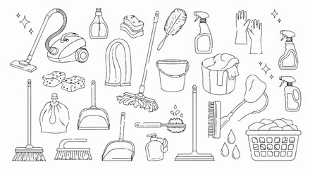 Obraz premium A collection of cleaning tools including brooms, mops, sponges, and sprays