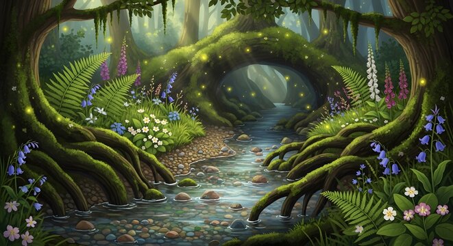 Enchanted forest stream with glowing fireflies and colorful spring flowers