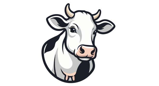 A black and white cow head with pink nostrils and horns