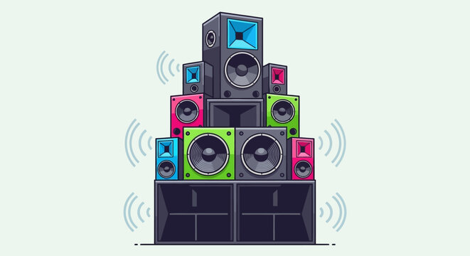 A stacked pyramid of colorful professional audio speakers and subwoofers.