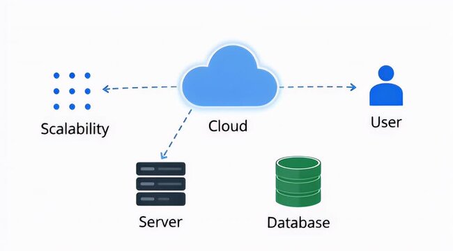 Cloud computing architecture diagram, network infrastructure with server and database icons, scalable data storage system for web hosting