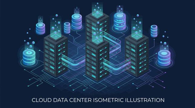 An isometric illustration of a cloud data center with modern server towers and database storage units