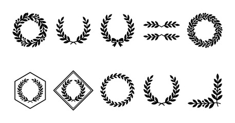 Obraz premium Vintage laurel wreath collection, 10 black silhouette olive branch icons, heraldic victory frames for awards and certificates, floral vector set