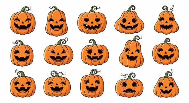 A collection of fifteen carved orange Halloween pumpkins with varying happy, spooky, and grinning faces