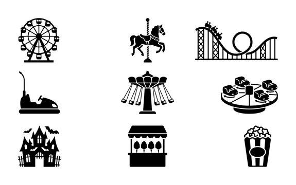 Amusement park icon set, carnival ride silhouettes including ferris wheel and roller coaster, 9 black vector symbols for fairground maps