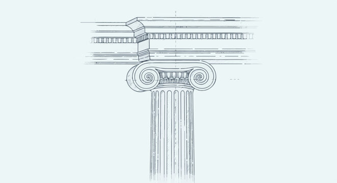 A classical Ionic column capital and entablature are rendered in a sketch style