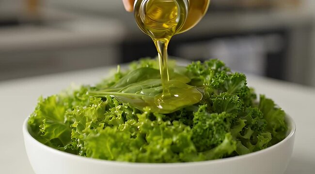 Golden olive oil pouring over fresh green salad, healthy organic vegetable bowl in kitchen, extra virgin oil dressing for vegan meal preparation