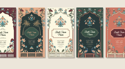 Collection of elegant wedding invitation templates with traditional indian floral motifs, intricate borders, peacock illustrations, and ornate architectural arches © Saharia