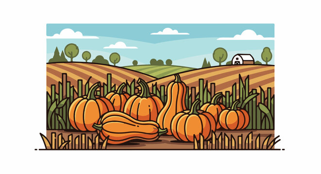 A cartoon illustration of a pumpkin patch in a field with a barn in the background under a blue sky