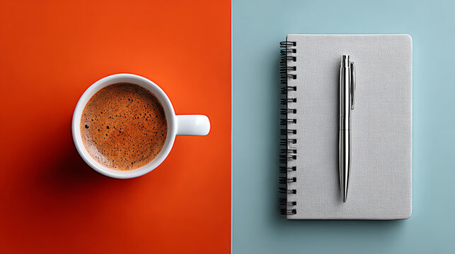 An orange-background coffee cup and a blue-background notebook