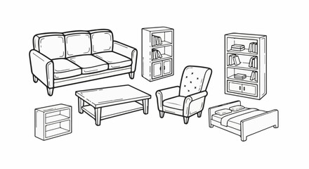 A black and white sketch of various furniture pieces sofa, armchair, bed, coffee table, nightstand, and bookshelves © Hamzah