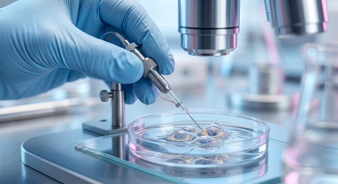 Scientist uses micromanipulator to examine cells in petri dish under microscope in laboratory research.