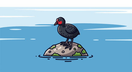 A black duck with a red face and a white stripe on its head stands on a mossy rock in blue water © Hamzah