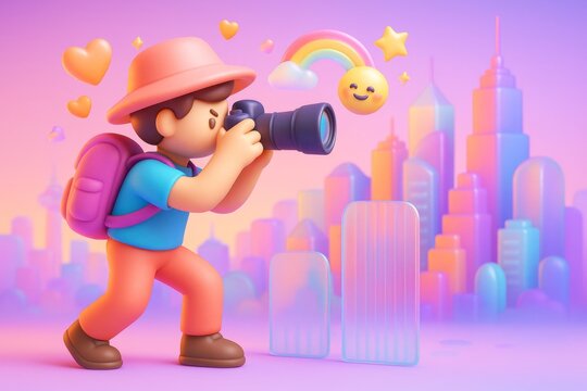 Cartoon traveler taking photo with camera in colorful city background with hearts, rainbow and smiling emoji in dreamy pastel light style. Ai generative