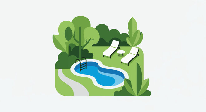 A backyard oasis with a blue swimming pool, lounge chairs, and lush green trees