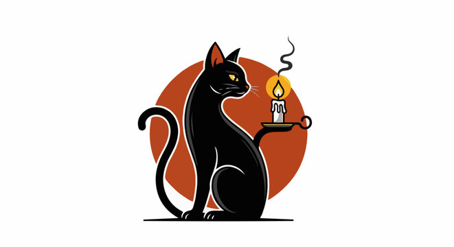 A black cat sits holding a lit candle with smoke rising