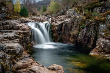 Obraz premium Cascading water flows over rugged rocks in a scenic, wooded highland landscape