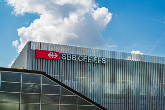 Zurich, Switzerland, April 16, 2026. SBB CFF FFS logo on glass facade of Hardbr&uuml;cke railway station