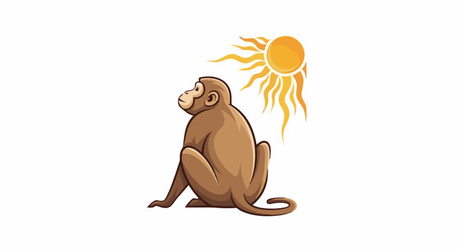 A brown monkey sits with its back to the viewer, looking up at a bright orange sun