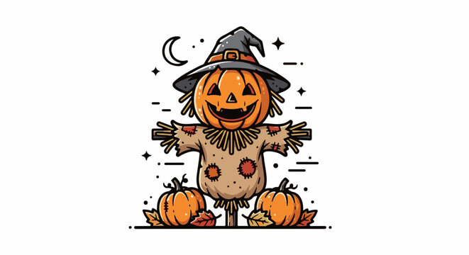 A cartoon pumpkin scarecrow wears a witch's hat, smiling beneath a crescent moon and stars