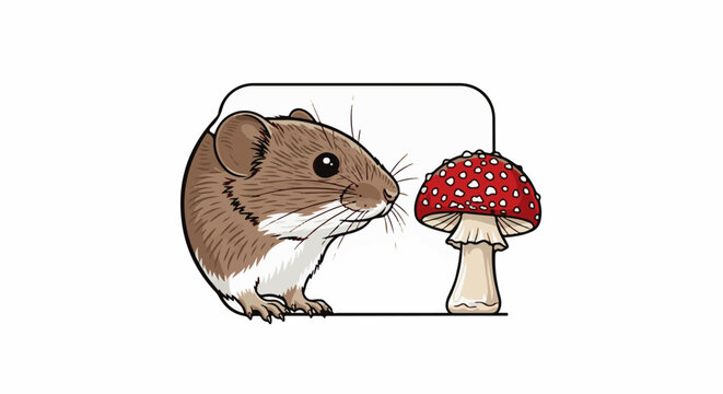 A brown mouse with white chest and whiskers curiously sniffs a red mushroom