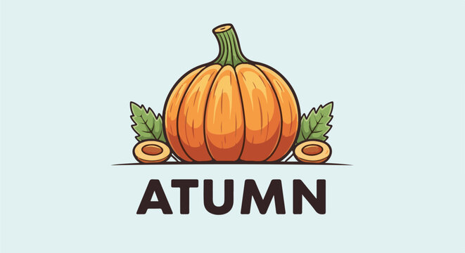 A cartoon pumpkin with leaves and sliced fruit below the word "ATUMN