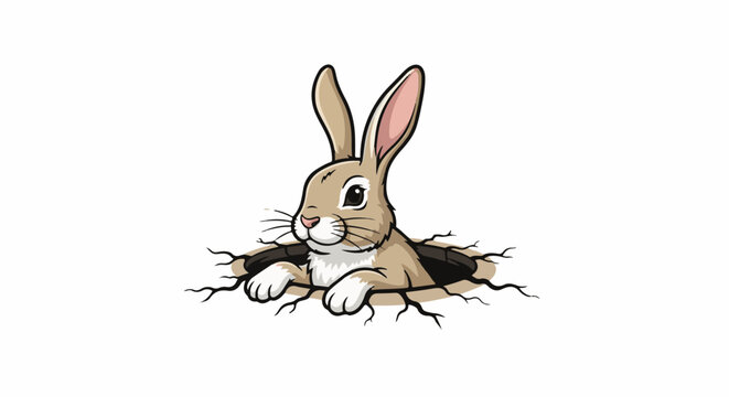 A cartoon rabbit peeks out of a hole in the ground