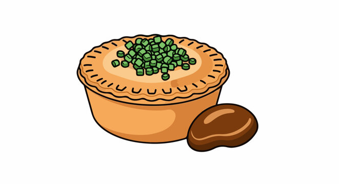 A cartoon pie with peas on top and a side of gravy