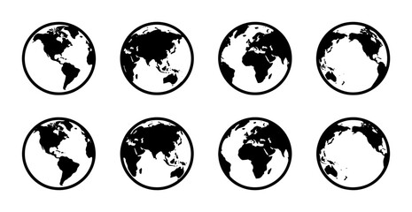 Obraz premium Minimalist world globe icons set, black and white earth map vector collection, 8 global planet spheres showing different continents and regions