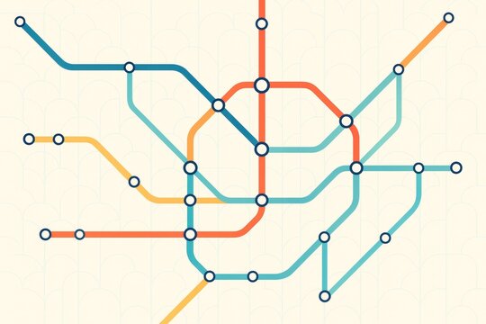 Abstract metro map layout with colorful transport lines and circular station markers on a light patterned background. Clean, modern travel concept. Ai generative